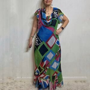 Midnight Velvet Blue Colorful Geometric Cowl Neck Maxi Dress Sz 3X